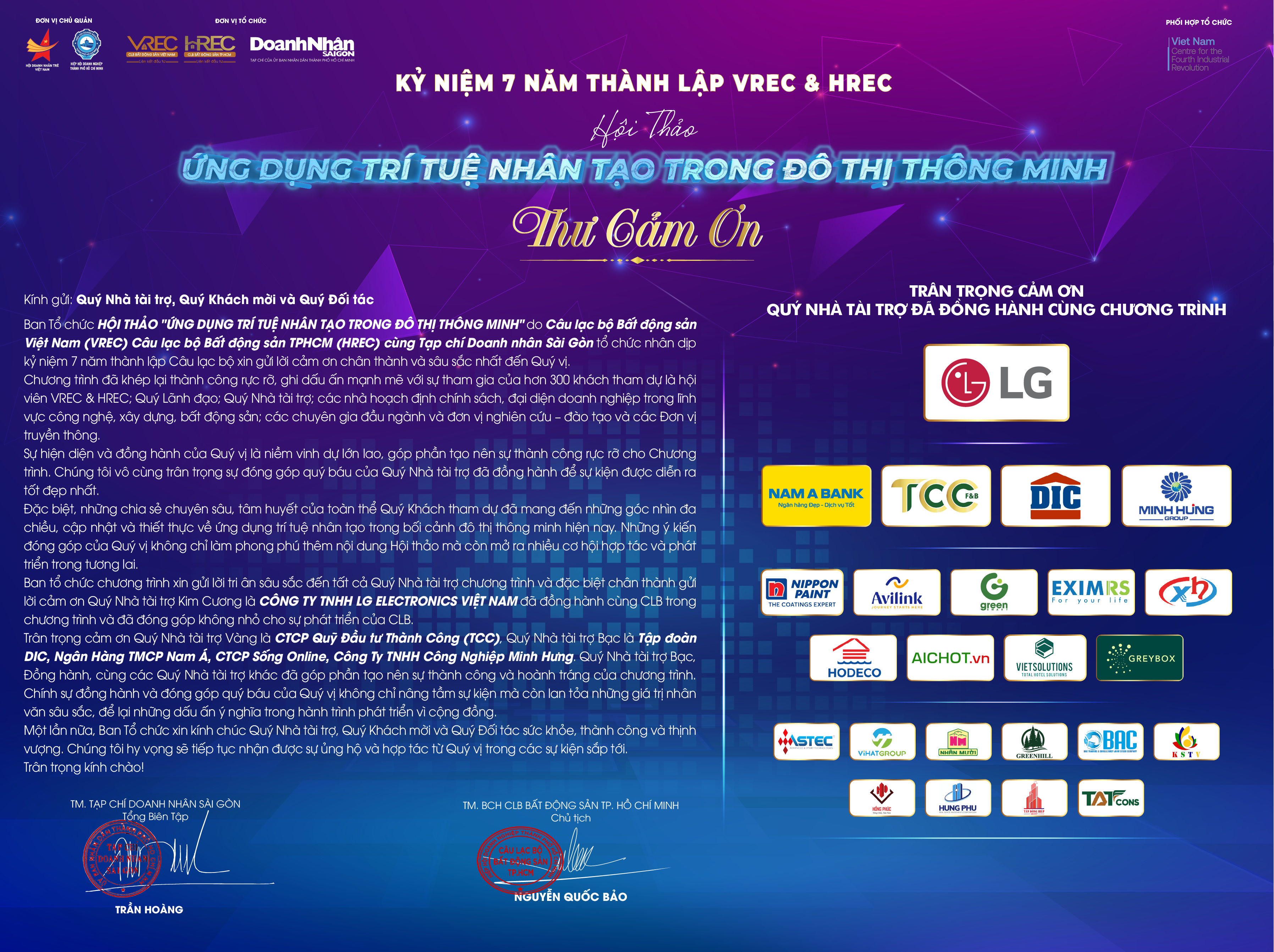 THƯ CẢM ƠN QUÝ NHÀ TÀI TRỢ, QUÝ KHÁCH MỜI VÀ QUÝ ĐỐI TÁC